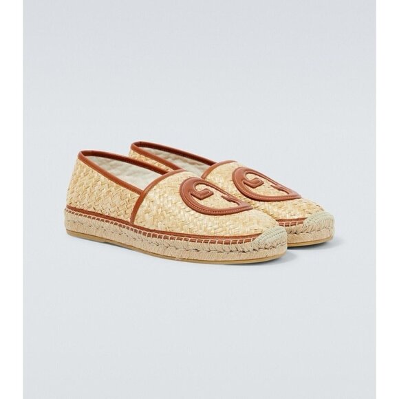 NEW GUCCI || Adela GG Raffia Espadrilles Brown Leather Logo EU 39 US 9 Shoes - Picture 1 of 11
